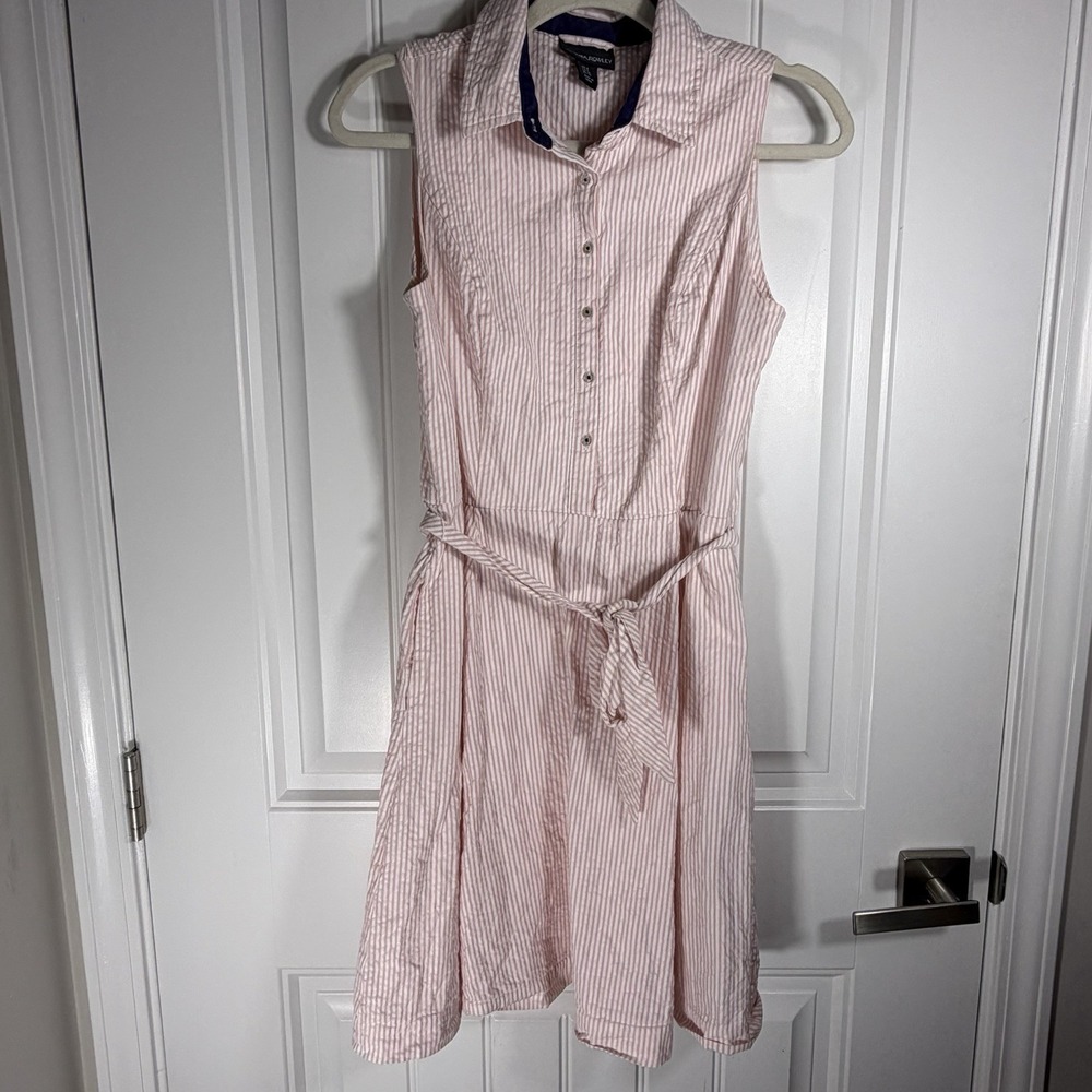 Cynthia Rowley Women's Sz 6 Pink White Seersucker Stripe Sleeveless Shirt Dress